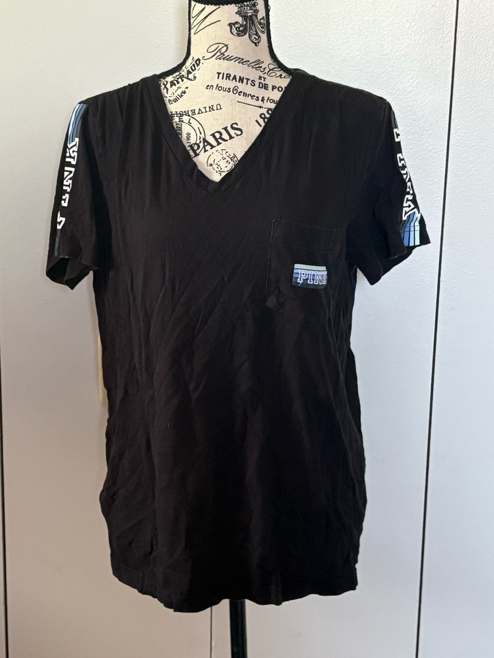 PINK Victoria's Secret Black V-Neck Pocket Tee with Blue Stripe Sleeve Detail